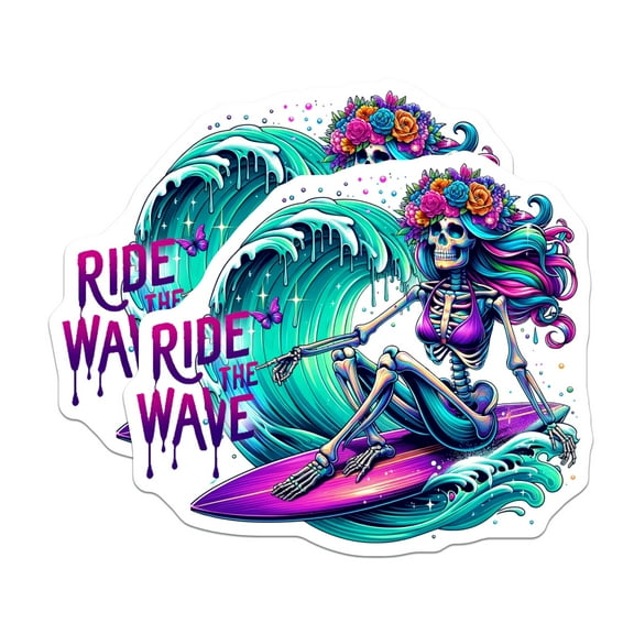 (2 Pack) Skeleton Surfer Art Magnet - Day of The Dead Decor - Beach Vibes - Surfing Skeleton - Colorful Wave Art - 5" On Longest Side - Sticks to Smooth Flat Surfaces - Made in USA - MAG9606