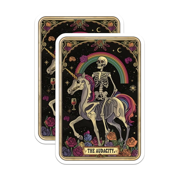 (2 Pack) Skeleton Unicorn Stickers - Rainbow Goth Art - Sarcastic Humor Decor - 5" On Longest Side - Sticks to Smooth Flat Surfaces - Made in USA - BMCS28882