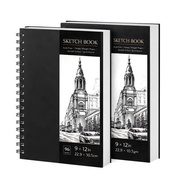 2 Pack Sketchbook 9x12, Spiral Sketch Book with 100gsm Thick Paper - Black Hardback Art Drawing Pad for Sketching