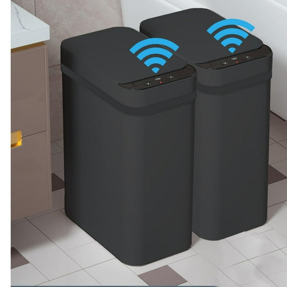 2 Pack - Skinny Trash Bin Sensor Motion 2.5 Gallon Touchless Bathroom Trash Can - Smart Trash Can with Lid - Electric, Narrow, Plastic, Auto Open - Small Slim Automatic Garbage Can (Black)