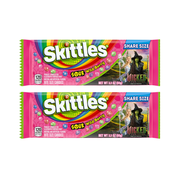 2 Pack Skittles Sour Wild Berry Chewy Candy, Share Size- 3.3 oz ea pack