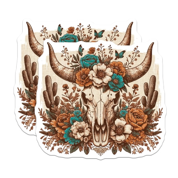 (2 Pack) Skull Flower Magnets - Boho Western Decor Magnets - Bull Skull Art Magnets - Floral Skull Magnets - 5" On Longest Side - for Cars, Refrigerators, Toolboxes, Lockers - Made in USA BMCS3422