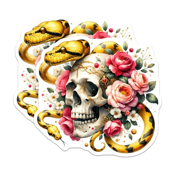 (2 Pack) Skull Snake Stickers - Gothic Floral Art - Rose Serpent Decal - 5" On Longest Side - Sticks to Smooth Flat Surfaces - Made in USA - BMCS21078