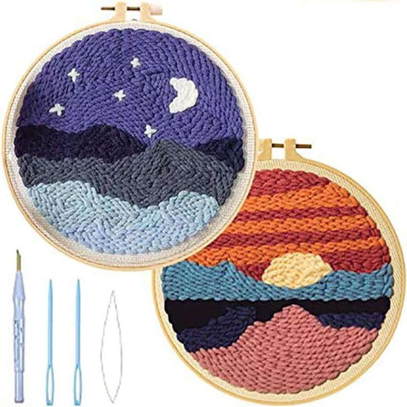 2 Pack Sky Night,Sunrise Easy Punch Needle Embroidery Starter Kits for Kids and Adults Beginners with Punch Needle Tool,Threader, Stamped Fabric Embroidery,Hoop,Pen, Punch Needle Kits