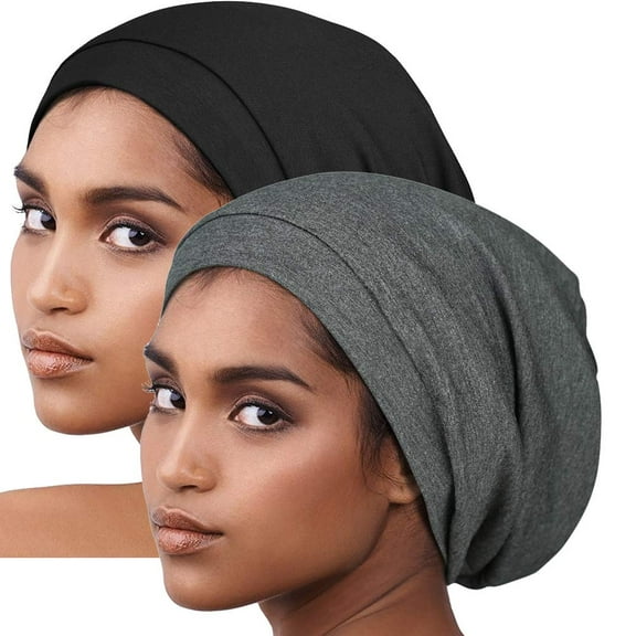 2 Pack Sleep Cap, Satin Bonnet Silk Hair Bonnet, Night Cap Slouchy Breathable Headwear Curly Hair Satin Lined Beanie Chemo Cap Silk Lined Hat for Men/Women(Black, Grey)