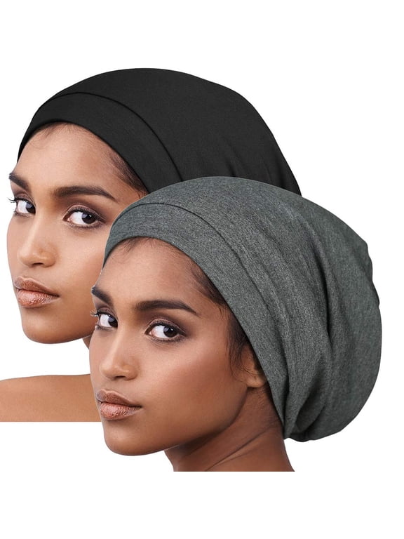 2 Pack Sleep Cap, Satin Bonnet Silk Hair Bonnet, Night Cap Slouchy Breathable Headwear Curly Hair Satin Lined Beanie Chemo Cap Silk Lined Hat for Men/Women(Black, Grey)