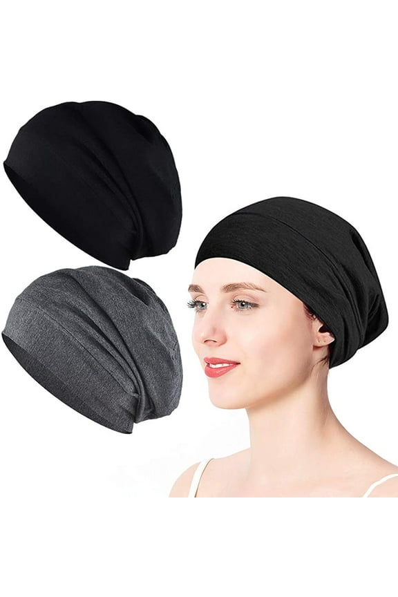 2 Pack Sleep Cap, Satin Bonnet Silk Hair Bonnet, Night Cap Slouchy Breathable Headwear Curly Hair Satin Lined Beanie Chemo Cap Silk Lined Hat for Men/Women(Black, Grey)