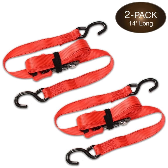 "(2 Pack) Sliding Ratchet Strap with Vinyl Coated S Hook (1.25x 14 long), Adjustable Ratcheting Tie Down"