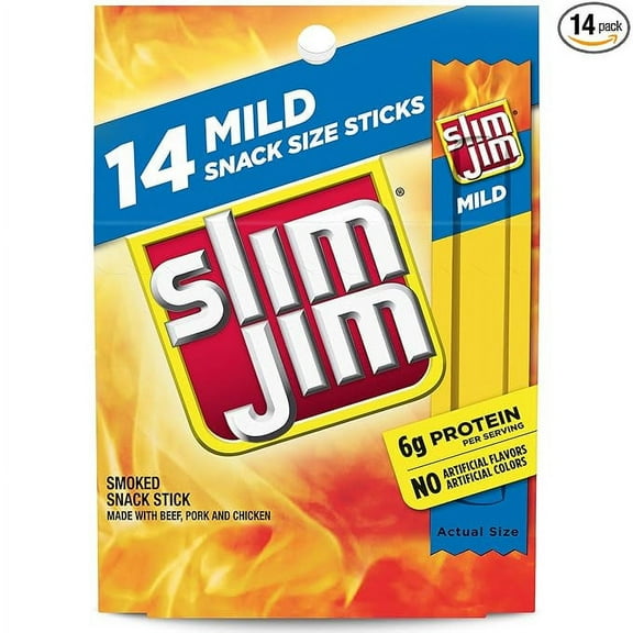 2 Pack Slim Jim Smoked Meat Sticks, Mild Flavor, 6g Protein Per Serving, Snack Size, Easter Basket Stuffer, 0.28 oz. (14 Count)