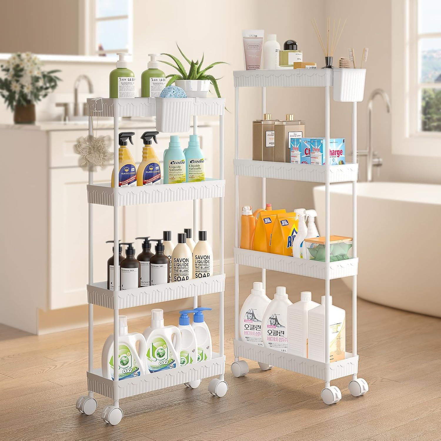 2-Pack Slim Storage Rolling Cart with Wheels, 4 Tier Utility Carts ...
