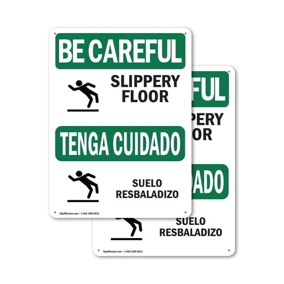 (2 Pack) Slippery Floor With Symbol Bilingual OSHA Be Careful Sign 12 Inch X 18 Inch Plastic Sign, Weather Resistant, UV Protected for Workplace, Business, and Construction Site, Made