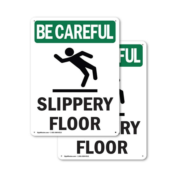 (2 Pack) Slippery Floor With Symbol OSHA Be Careful Sign 18 Inch X 24 Inch Indoor / Outdoor Rust-Free Aluminum Metal Signs for Workplace, Workshop, and Construction Site, Made in the