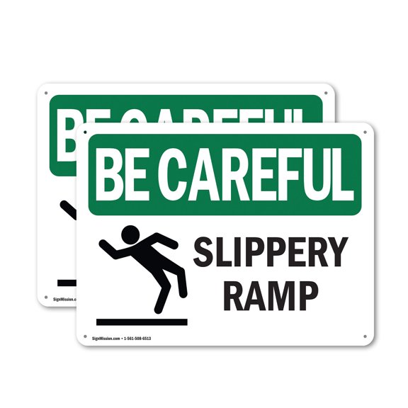 (2 Pack) Slippery Ramp OSHA Be Careful Sign 14 Inch X 10 Inch Plastic Sign, Weather Resistant, UV Protected for Workplace, Business, and Construction Site, Made in the USA