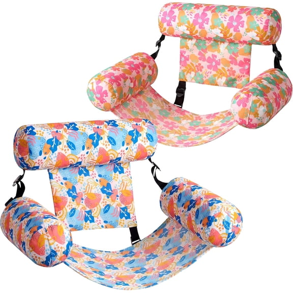 2 Pack Sloosh Inflatable Pool Float Chairs, Fabric Covered Mesh Sling Water Floating Lounge Chair with High Buoyancy Tubes for Summer Outdoor Pool Party Relaxation