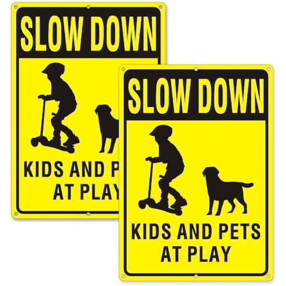 (2 Pack) Slow Down Kids at Play Sign,Slow Down Signs for Neighborhoods, Slow Children at Play Sign 12"x 8" Metal Signs For Outdoor & Indoor