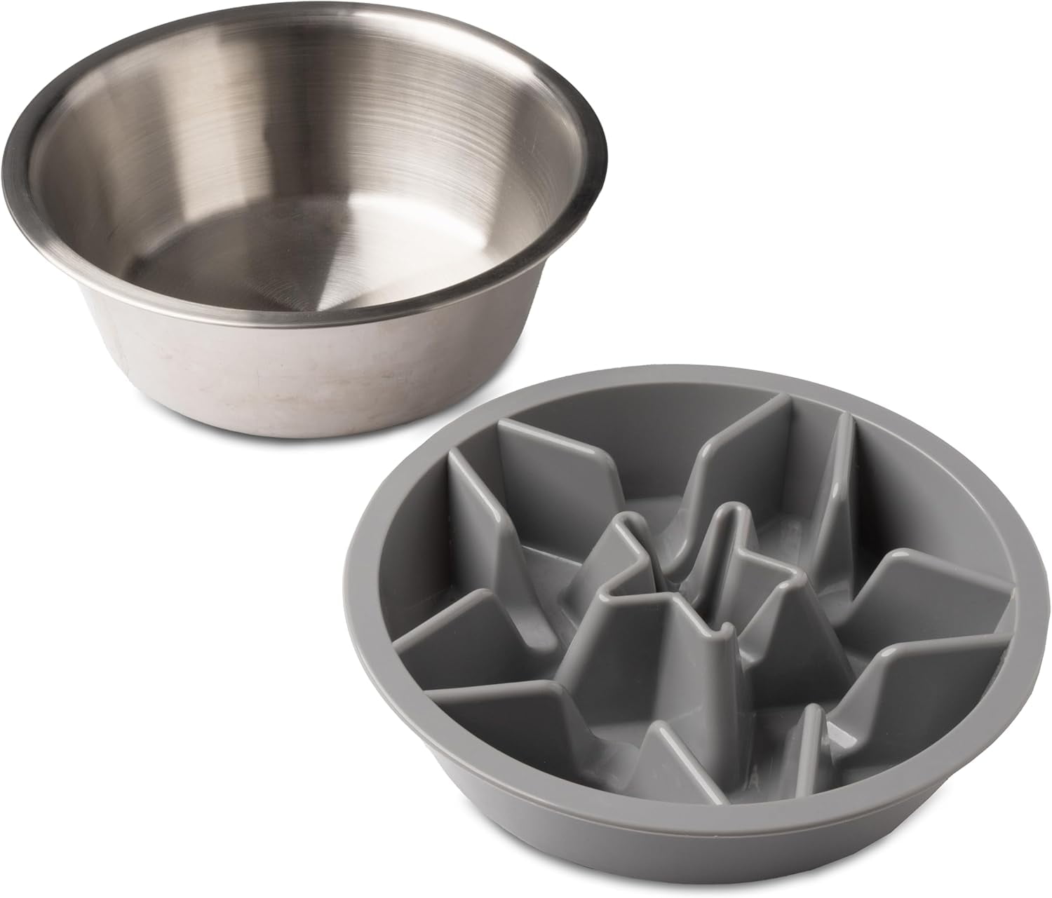 2-Pack Slow Feeder Dog Bowls (2 Cup) Puzzle Dog Food Bowl with Stainless Steel Bowl - Fits into Elevated Pet Feeders - Slow Eating for Large, Medium & Small Sized Breeds, White