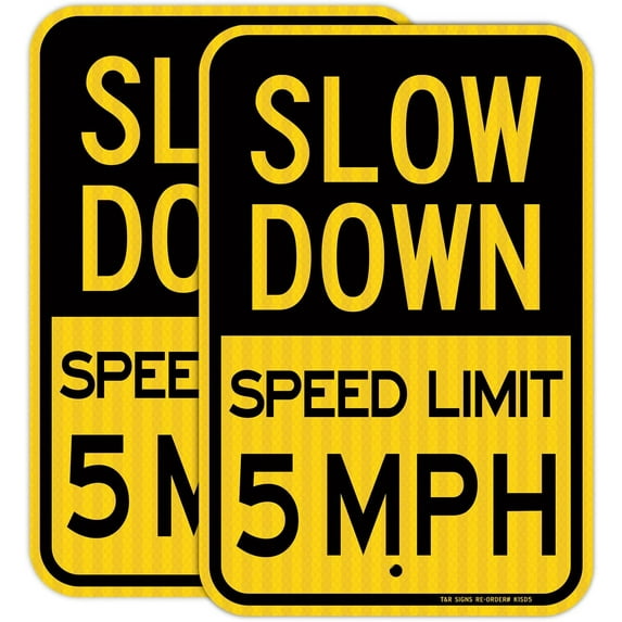 (2 Pack) Slow Down Speed Limit 5 MPH Sign, Slow Down Sign, 16" x 12" Engineer Grade Reflective Sheeting, Rust Free Aluminum, Weather Resistant, Waterproof, Fade Resistant, 2 Pre-drilled Holes
