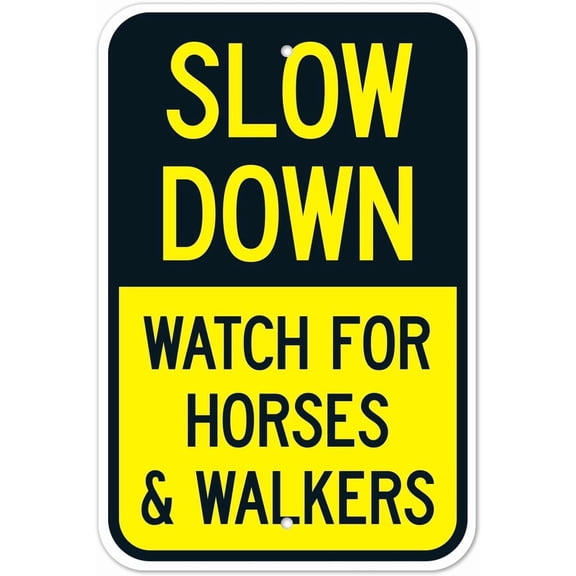 2 Pack Slow Down Watch for Horses and Walkers Mixed Traffic Metal Sign 8x12 Inch for Equestrian Road Rural Street Farm Yard Park Outdoor Indoor Pedestrian Livestock Crossing Reminder Marker Notice