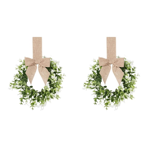 2‑Pack Small Artificial Eucalyptus Wreath with Bow, Seasonal Greenery Hanging Wreath for Front Door Wall Mantel Indoor Holiday Home Decoration