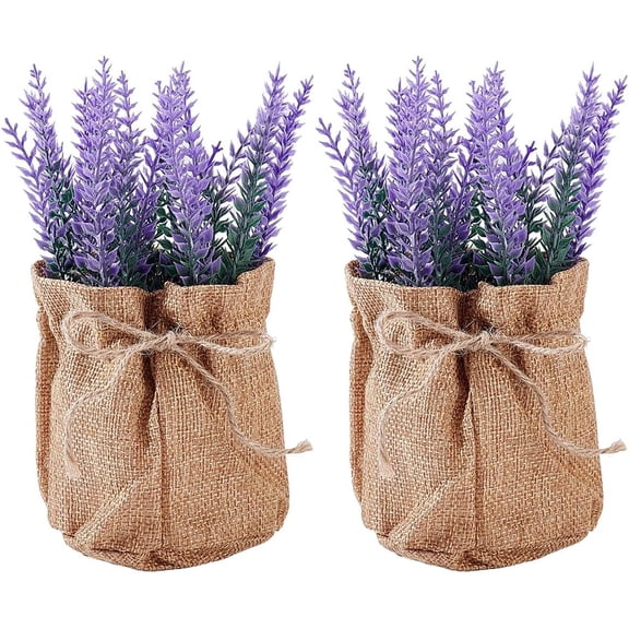 2 Pack Small Burlap Potted Lavender Flowers Fake Lavender Plant Artificial Lavenders Decor Burlap Bag Vases for Home Coffee Table