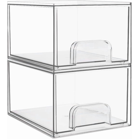 2 Pack Small Clear Stackable Storage Drawers,Acrylic Bathroom Makeup Organizer,Plastic Storage Bins For Vanity, Undersink, Kitchen Cabinets, Pantry, Home Organization