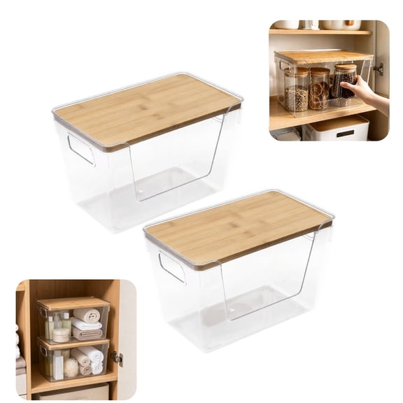 2 Pack Small Clear Storage Bins with Bamboo Lids, Plastic Stackable Organizer Boxes for Pantry, Kitchen, Bathroom, Home Organization
