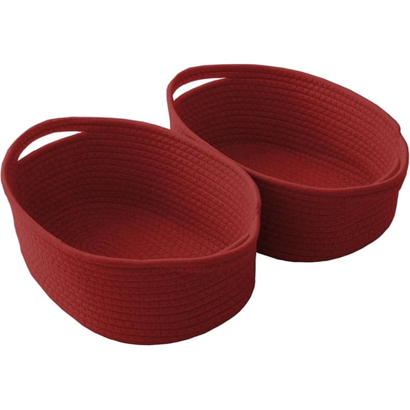 Woven Rope Basket with Handles 12 x 8 x 5 inch Small Storage Bin Shelves Closets Gift Red 2 pack