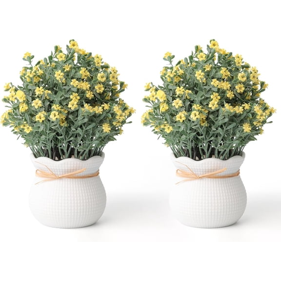 2 Pack Small Desk , Artificial Bathroom Decor with Flower in Plastic Pots, Faux Indoor for Shelf Decor in Office, and Spring Decor (Yellow)