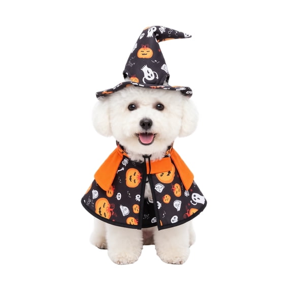 2 Pack, Small Dog Halloween, Halloween Dog Set with Matching Witch Hat, Pumpkin Ghost Print Pet Outfit for Halloween Party Dress Up, Black Orange