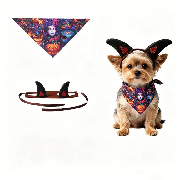 2 Pack Small Dog Halloween Set, Halloween Dog Bandana and Horn Headband, Halloween for Small Medium Dogs, Halloween Photo Props with Halloween Pumpkin Print for Pet Halloween