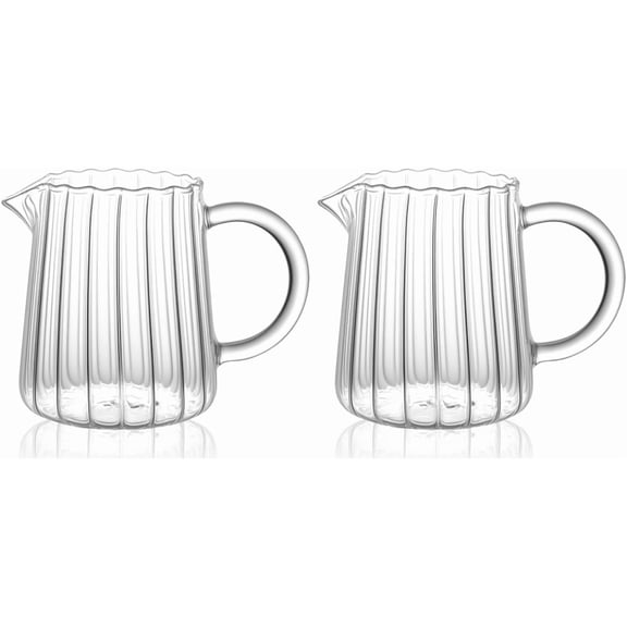 2 Pack Small Glass Pitcher 8.5 Oz, Mini Creamer Pitcher for Coffee Bar, Clear Glass Milk Server for Tea, Syrup or Cream, Ribbed Carafe with Handle and Spout