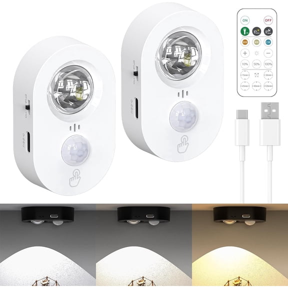 2 Pack Small LED Nightlight with Motion Sensor, Type-C Fast Charging, Touch Control, Brightness Adjustable, 3 Color Temperatures for Bedroom Living Room Staircase Wardrobe