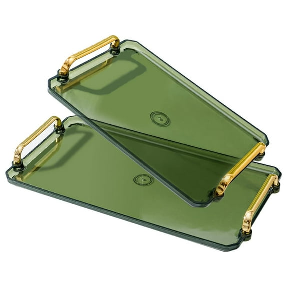 2 Pack Small and Large Serving Tray with Handles Clear Jewelry Tray Valet Tray Plastic Serving Tray for Party, Kitchen, Bathroom, Dessert Table, Cupcake Display-Green