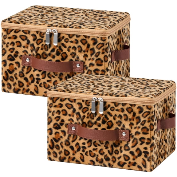 2-Pack Small Leopard Print Velvet Fabric Storage Bins with Zipper Lids