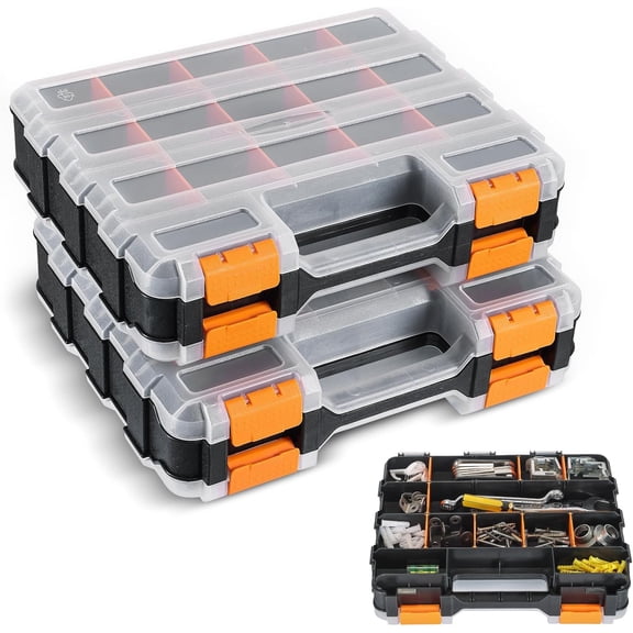 2 Pack Small Parts Organizers, 34-Compartments Double-Sided Tool Box with Removable Dividers for Hardware, Screws, Bolts, Nails & Fishing Accessories