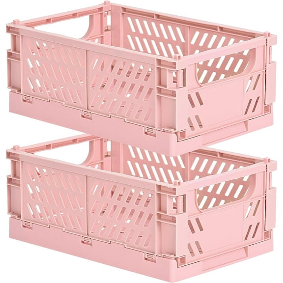 2-Pack Small Pastel Plastic Storage Baskets, Collapsible Crates for Organizing, Space-Saving Mini Bins for Classroom, Kitchen, Office, Bedroom (Pink, 9.8" x 6.5" x 3.8")