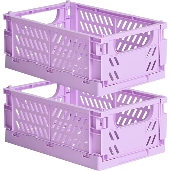2-Pack Small Pastel Plastic Storage Baskets, Collapsible Crates for Organizing, Space-Saving Mini Bins for Classroom, Kitchen, Office, Bedroom (Purple, 9.8" x 6.5" x 3.8")