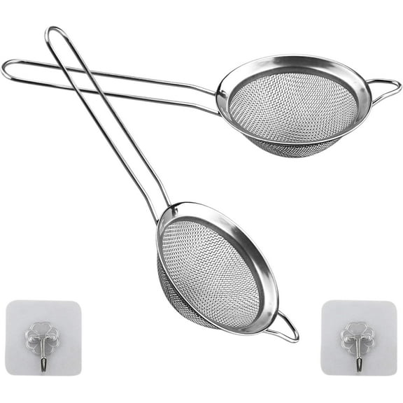 2 Pack Small Stainless Steel Fine Mesh Strainers With Kitchen Hooks,8 Cm Diameter Mini Fine Mesh Sieve Tea Strainers Kitchen Colander Sieve With Handle - Ideal For Juice Egg Tea Coffee Flour Filter