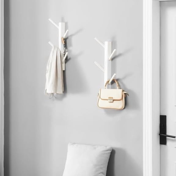 2 Pack Small Vertical Coat Rack Wall Mount, Bamboo Coats Hooks Clothes Holder Hanger for Wall Coat Hat Jacket Clothing Bathroom Robes Entryway(White)