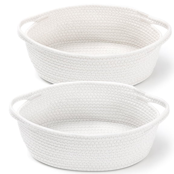 2 Pack Small Woven Basket with Gift Bags and Ribbons, Empty Decorative Gift Chest Box, Cotton Rope Room Shelf Storage Basket with Handles, All 12"x 8"x 5",White