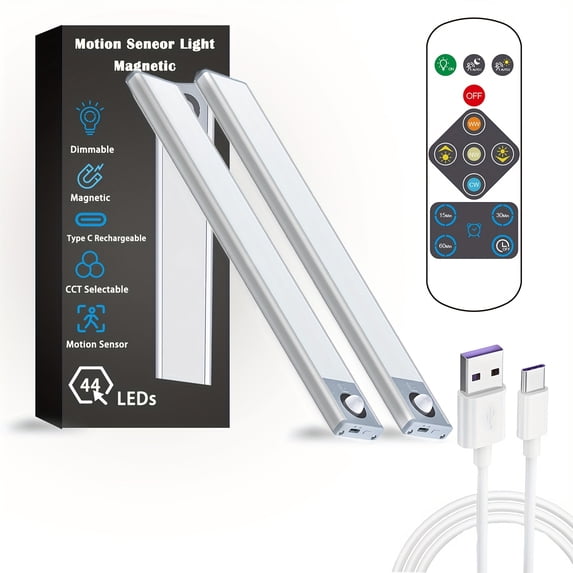 2 Pack Smart LED Under Cabinet Lights, Motion Sensor, Dimmable 6500K Tunable, IR Remote, Rechargeable Cordless Lighting for Kitchen, Pantry, Garage