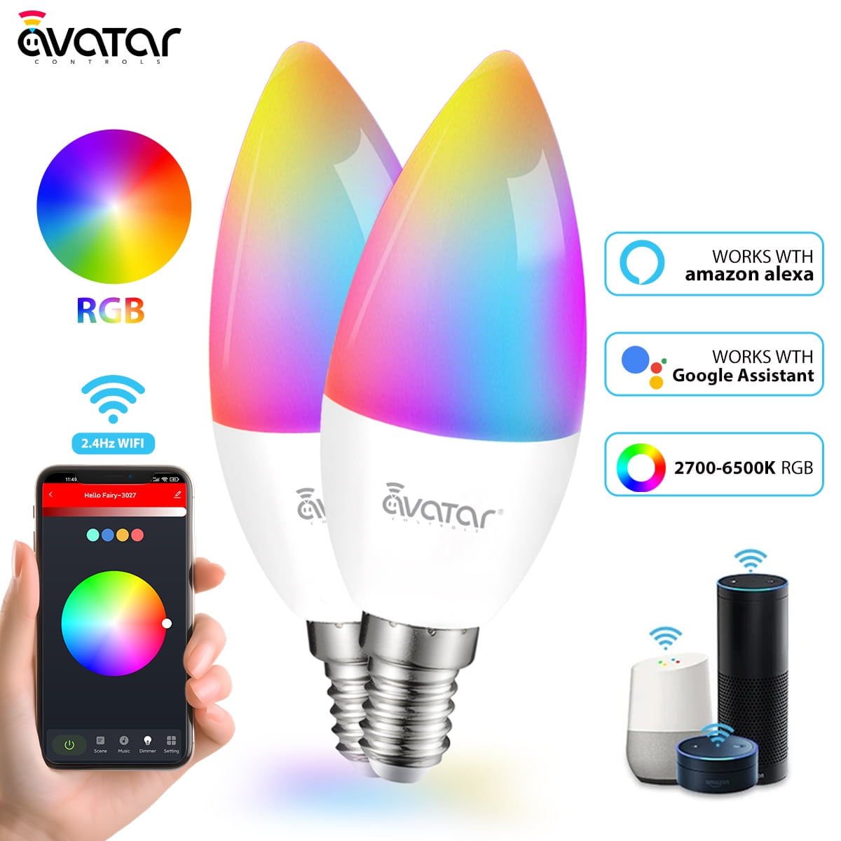 2 Pack Smart Light Bulbs WiFi Bluetooth E12 Type B Candelabra Bulbs Work with Alexa Google Home RGBCW Dimmable Colors Change 5 Watt 40W 500LM Walmart