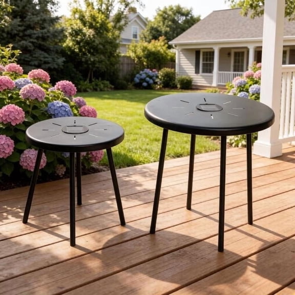2-Pack Smart Solar Side Tables with LED Lights, Outdoor/Indoor Nesting Round End Table Set, Water-Resistant Top & Sturdy Powder-Coated Steel Frame,Black