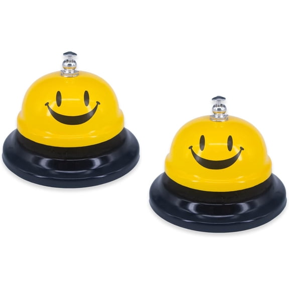 2 Pack Smile Face Metal Call Bells - 3.35" Diameter Desk Service Bell, Durable All-Metal Push Bell for Restaurants, Hotels, Schools, Offices & Reception Desks, Bright Yellow