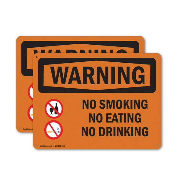 (2 Pack) No Smoking No Eating No Drinking OSHA Warning Sign 14 Inch X 10 Inch Plastic Sign, Weather Resistant, UV Protected for Workplace, Business, and Construction Site, Made in the