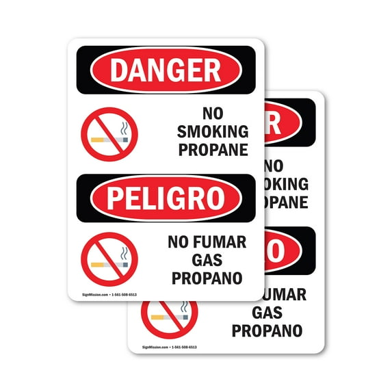 (2 Pack) No Smoking Propane Bilingual OSHA Danger Sign 10 Inch X 14 Inch Vinyl Label Decal Sticker Weather Resistant, UV Protected for Workplace, Business, and Construction Site, Made