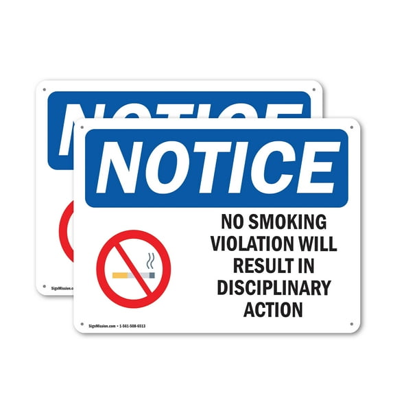 (2 Pack) No Smoking Violation Disciplinary Action OSHA Notice Sign 10 Inch X 7 Inch Plastic Sign, Weather Resistant, UV Protected for Workplace, Business, and Construction Site, Made in