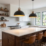 2 Pack Smooth Metal Dome Pendant Light, Matte Black Shade with Natural Wood Handle Adjustable Max 67 Inch Cord E26 Base Hanging Lamp for Kitchen Dining Bedroom Foyer