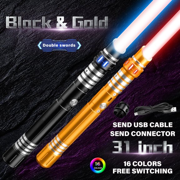 2 Pack Smooth Swing Dueling Light Sword, Motion Control 8 Sound Fonts with Infinite Color Changing 16RGB, Premium Metal Handle Light Sword for Adults and Boys Gift - Black + Golden
