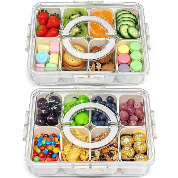 2-Pack Snack Storage Boxes with Built-In Handles, Lidded Divided Serving Trays with 8 Compartments, Portable Charcuterie Organizer for Travel, Movie Nights and Parties (Hand Wash Only)